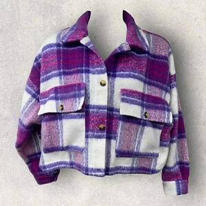 SO Cropped Purple/Pink Plaid checked Shacket/Jaccket Women’s Size XL